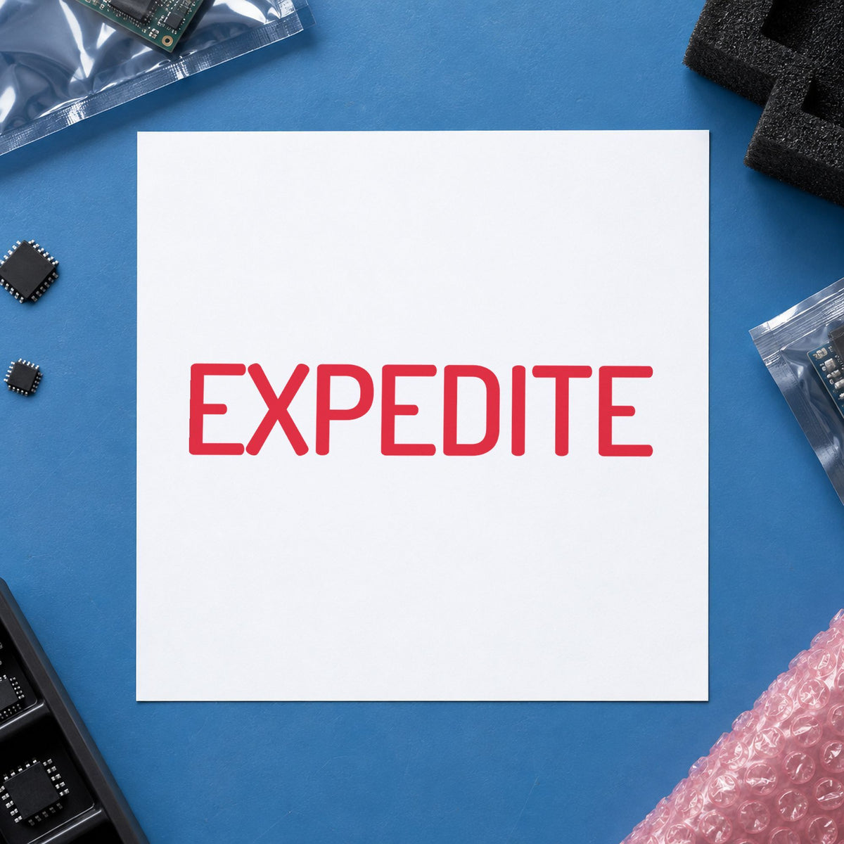 "Expedite" stamp mark in everyday office use, Xstamper 1034