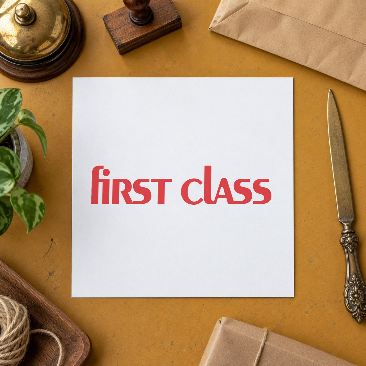 "First class" imprint at 1/2 x 1-5/8 in, no separate ink pad required