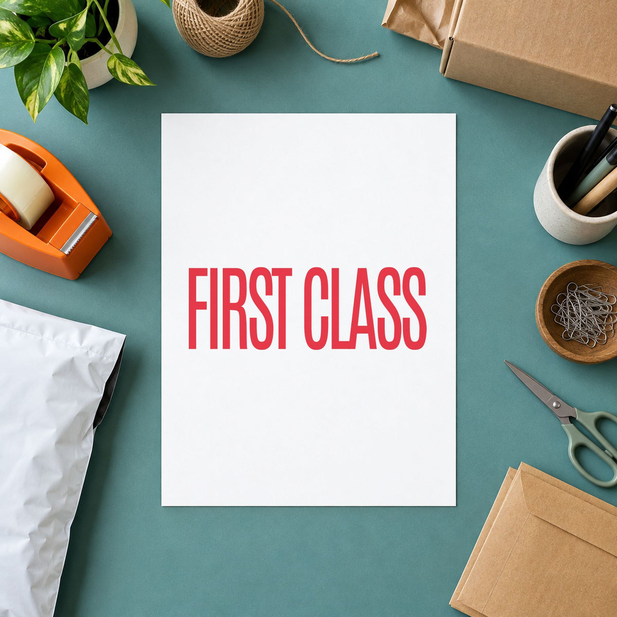 "First class" imprint stamped on a document with the Xstamper First Class Envelope Stamp – Red Pre-Inked