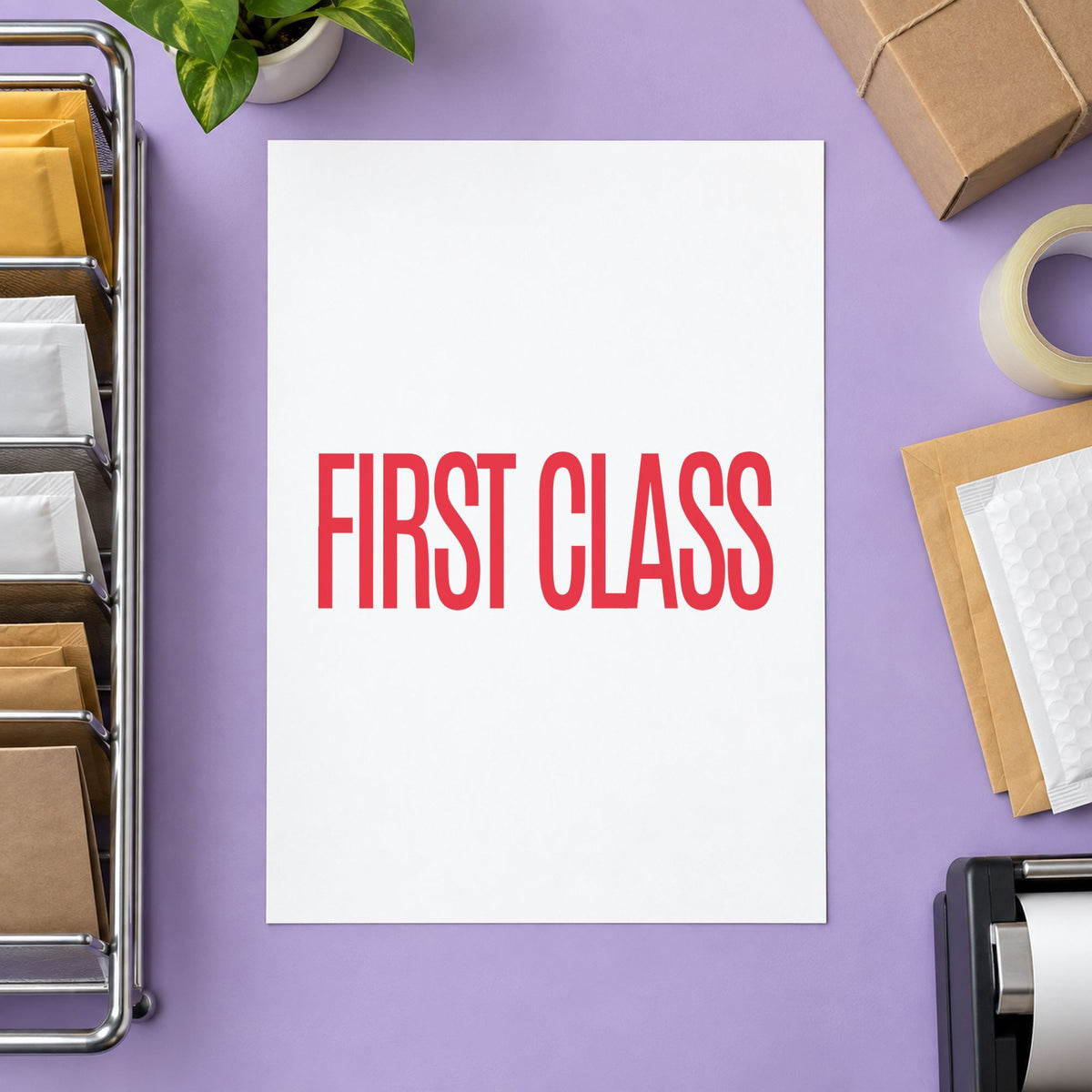 "First class" imprint at 1-5/8 x 1/2 in, no separate ink pad required