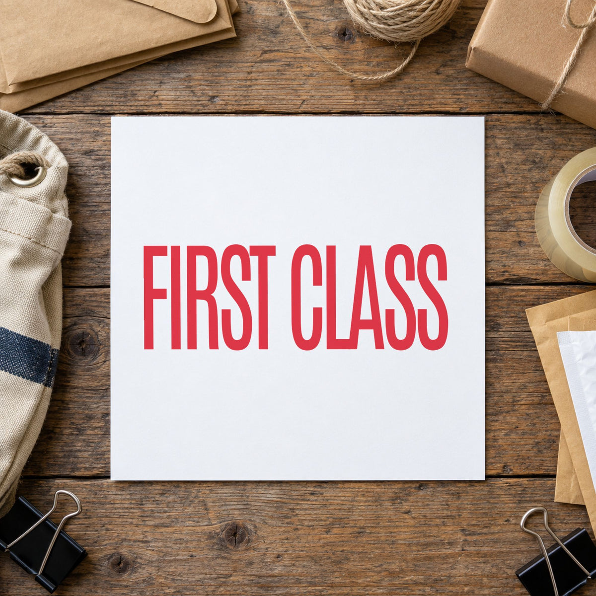 "First class" impression shown close up, rectangular imprint at 1-5/8 x 1/2 in