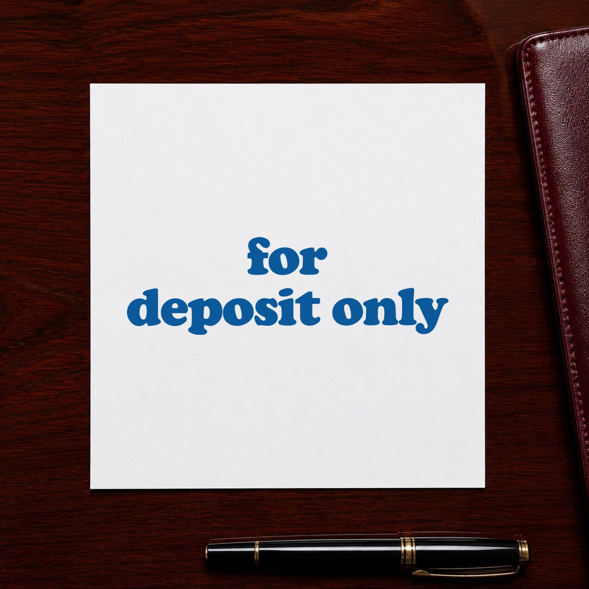 "For deposit only" imprint stamped on a document with the For Deposit Only Banking Stamp – Bold Blue Pre-Inked Xstamper