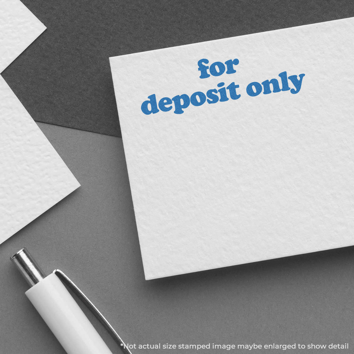 "For deposit only" imprint used to flag items for handling, For Deposit Only Banking Stamp – Bold Blue Pre-Inked Xstamper