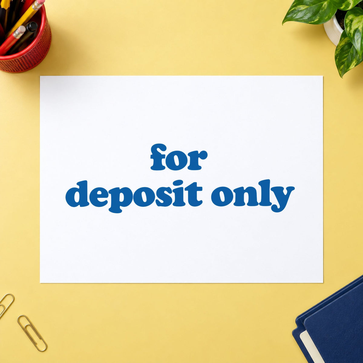 For Deposit Only Banking Stamp – Bold Blue Pre-Inked Xstamper leaving a clean "For deposit only" impression