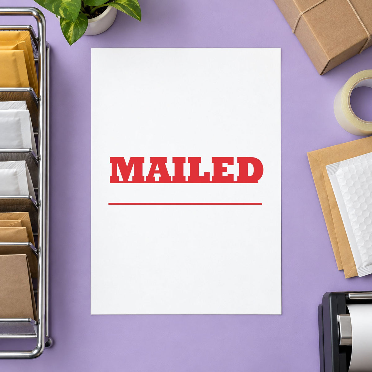 "Mailed" stamp mark in everyday office use, Xstamper 1218