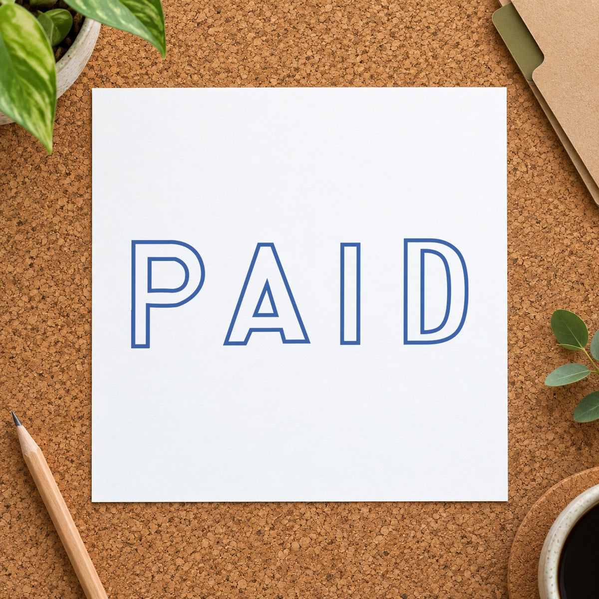 "Paid" imprint at 1-5/8 x 1/2 in, no separate ink pad required