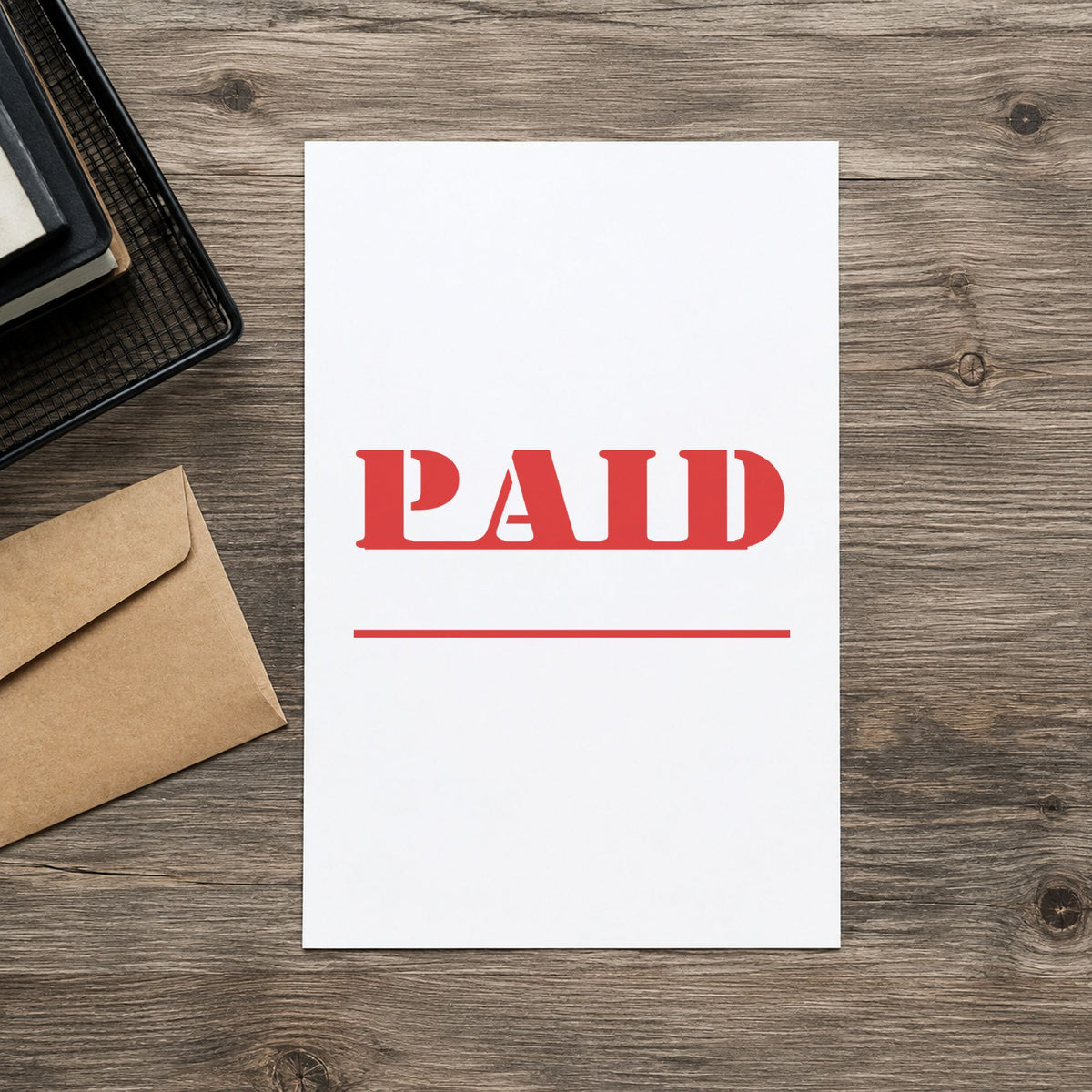 "Paid" imprint stamped on a document with the Bold Red Paid Stamp