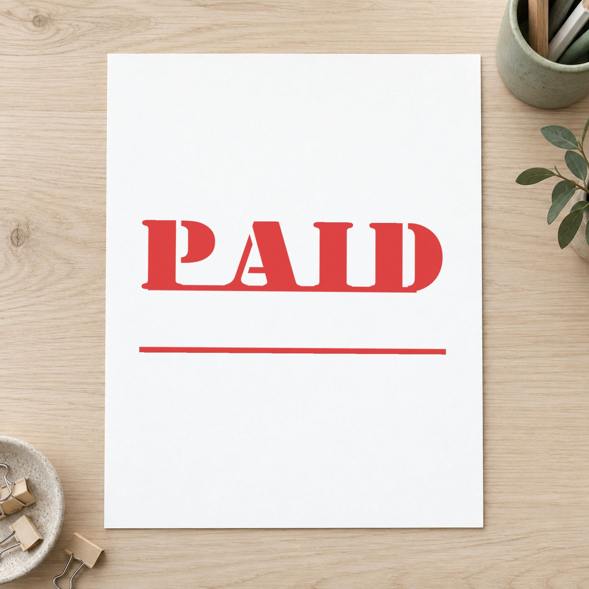 "Paid" imprint from fixed stock wording, no customization needed