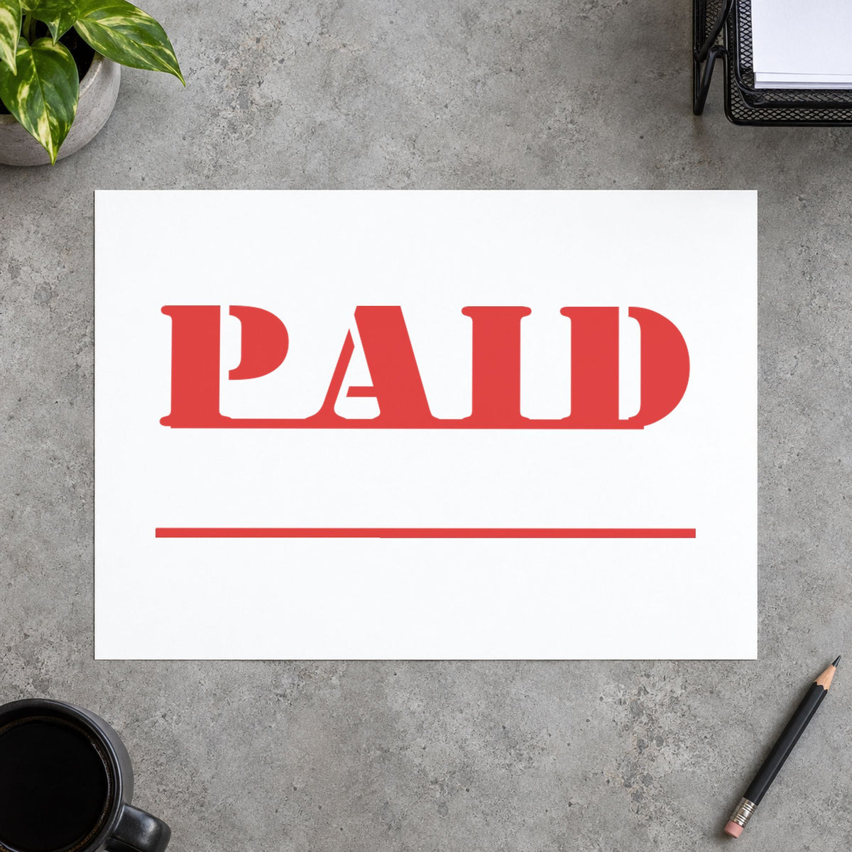 "Paid" stamp mark in everyday office use, Xstamper 1221