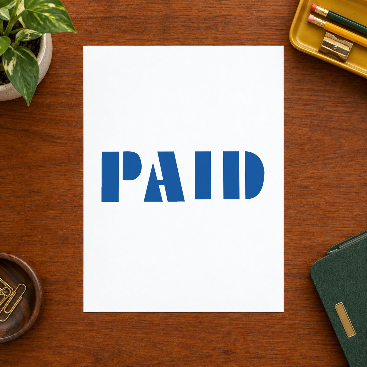 Paid Stamp – Blue Pre-Inked Xstamper leaving a clean "Paid" impression