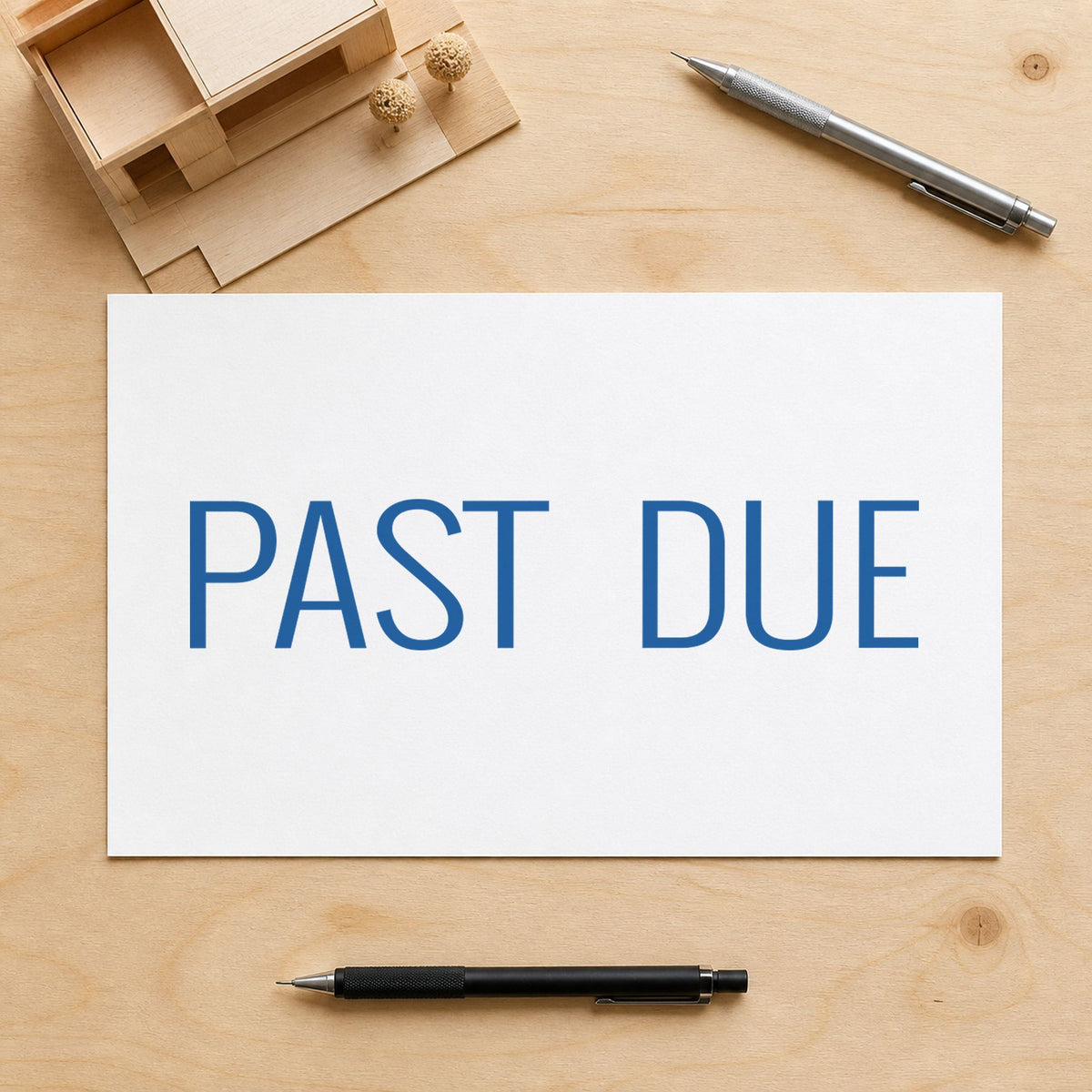 "Past due" imprint at 1-5/8 x 1/2 in, no separate ink pad required
