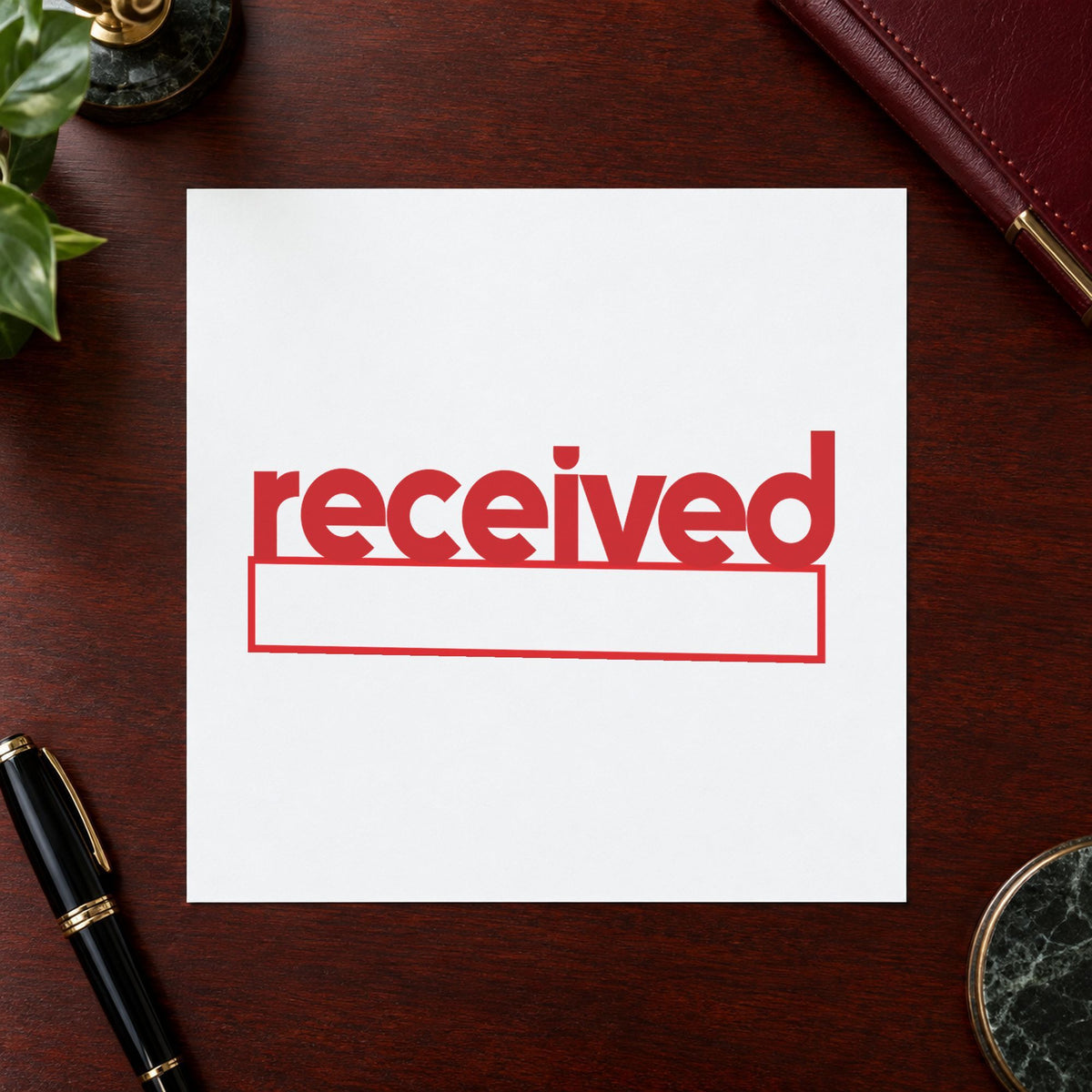 "Received" imprint stamped on a document with the Received Office Stamp – Red Pre-Inked Xstamper