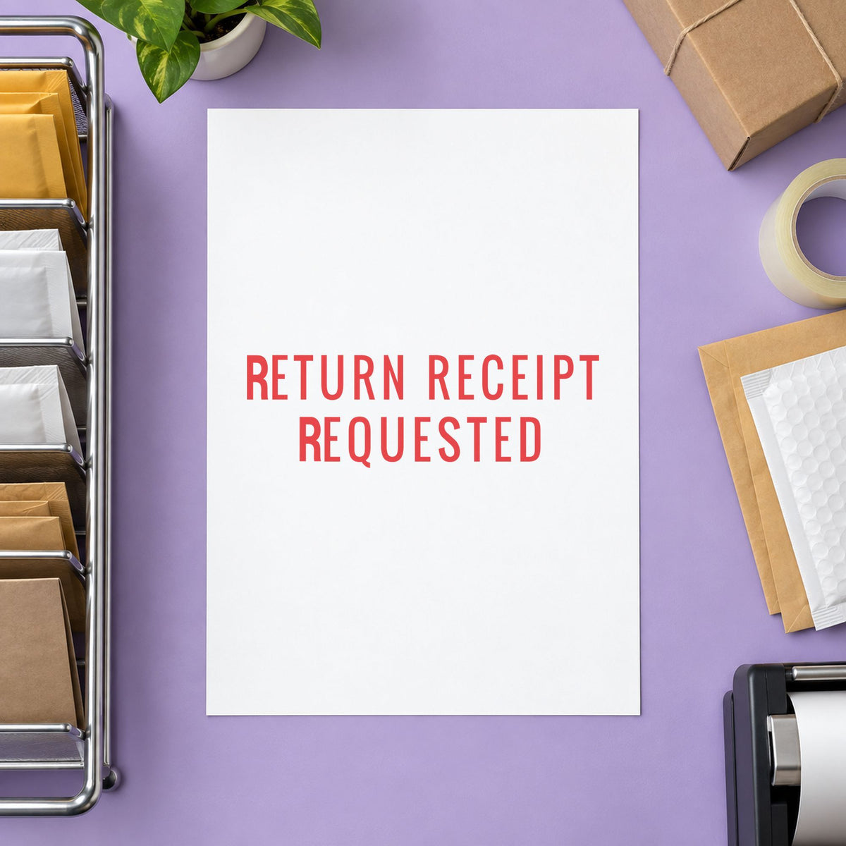 "Return receipt requested" imprint from fixed stock wording, no customization needed