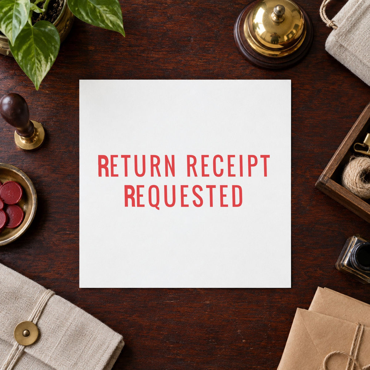 "Return receipt requested" imprint at 1-5/8 x 1/2 in, no separate ink pad required