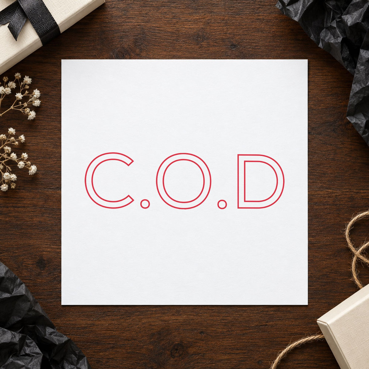 "C.O.D." imprint at 1-5/8 x 1/2 in, no separate ink pad required