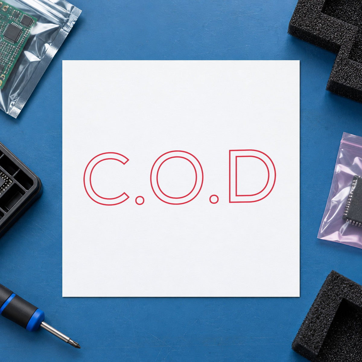 Marking a page "C.O.D." with the C.O.D. Office Stamp – Red Pre-Inked Xstamper