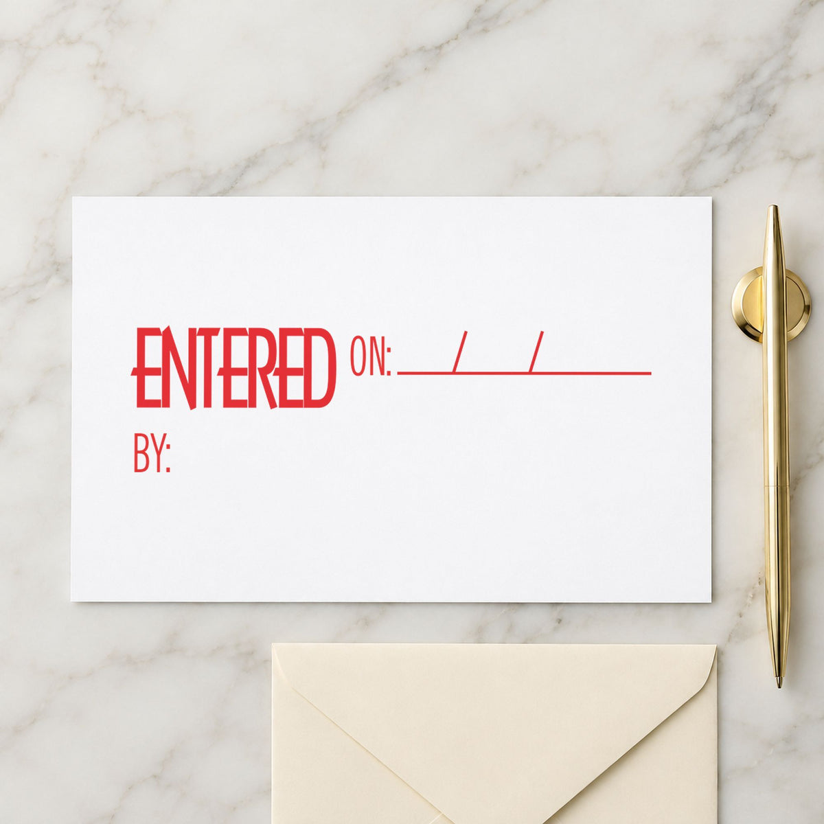 "Entered on: by:" imprint stamped on a document with the Entered On: By: Stamp