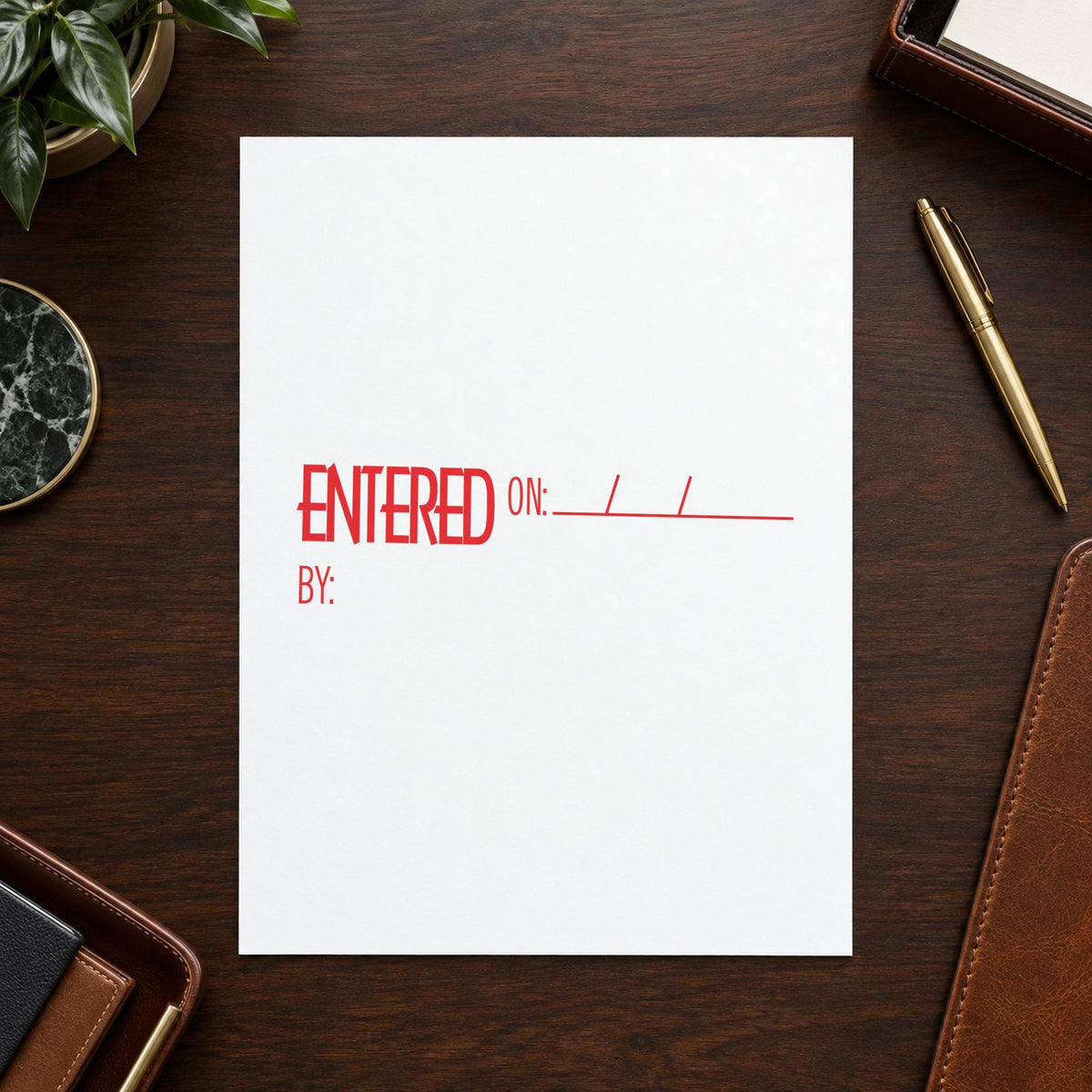 Crisp "Entered on: by:" imprint produced by the Entered On: By: Stamp