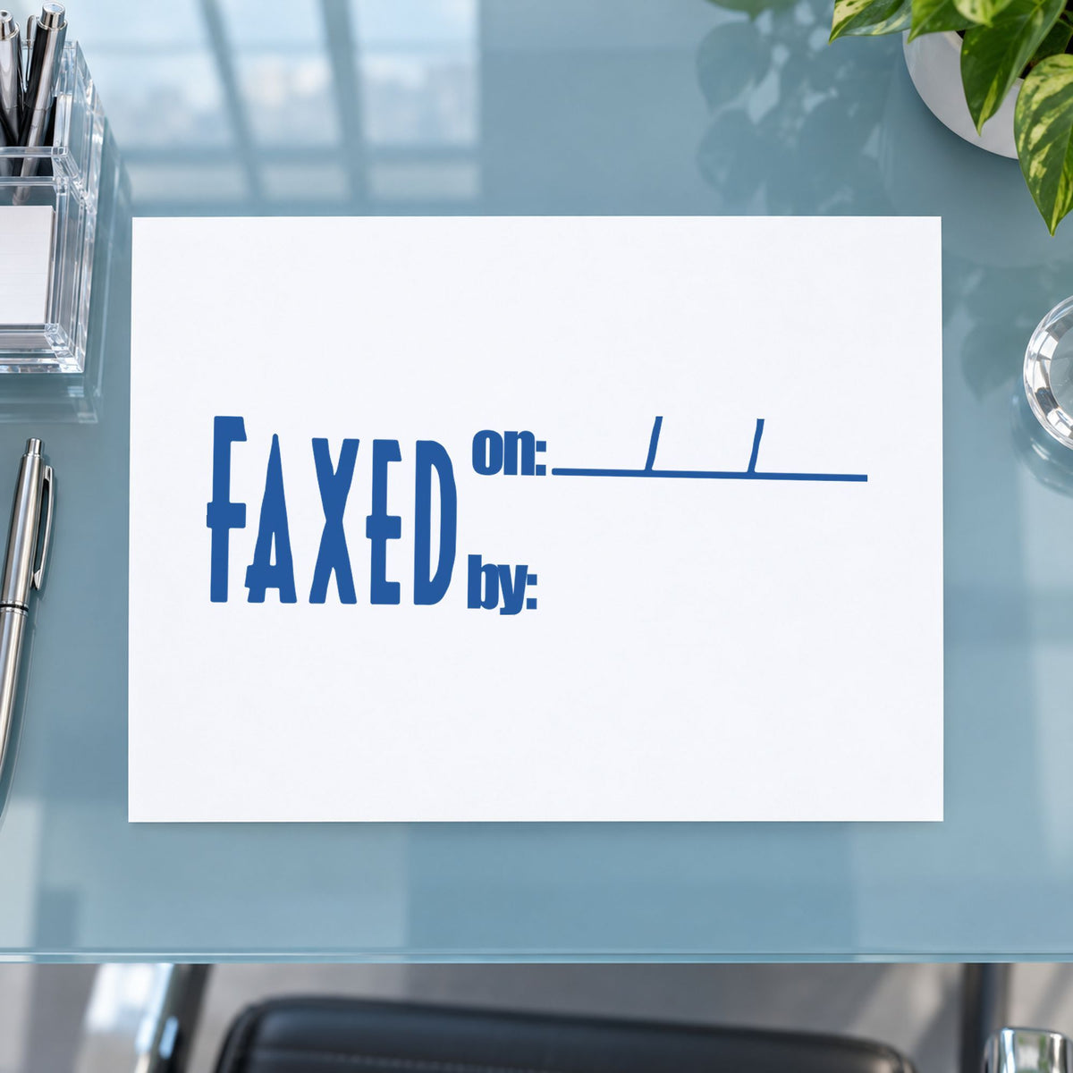 "Faxed on: by:" stamp mark in everyday office use, Xstamper 1820