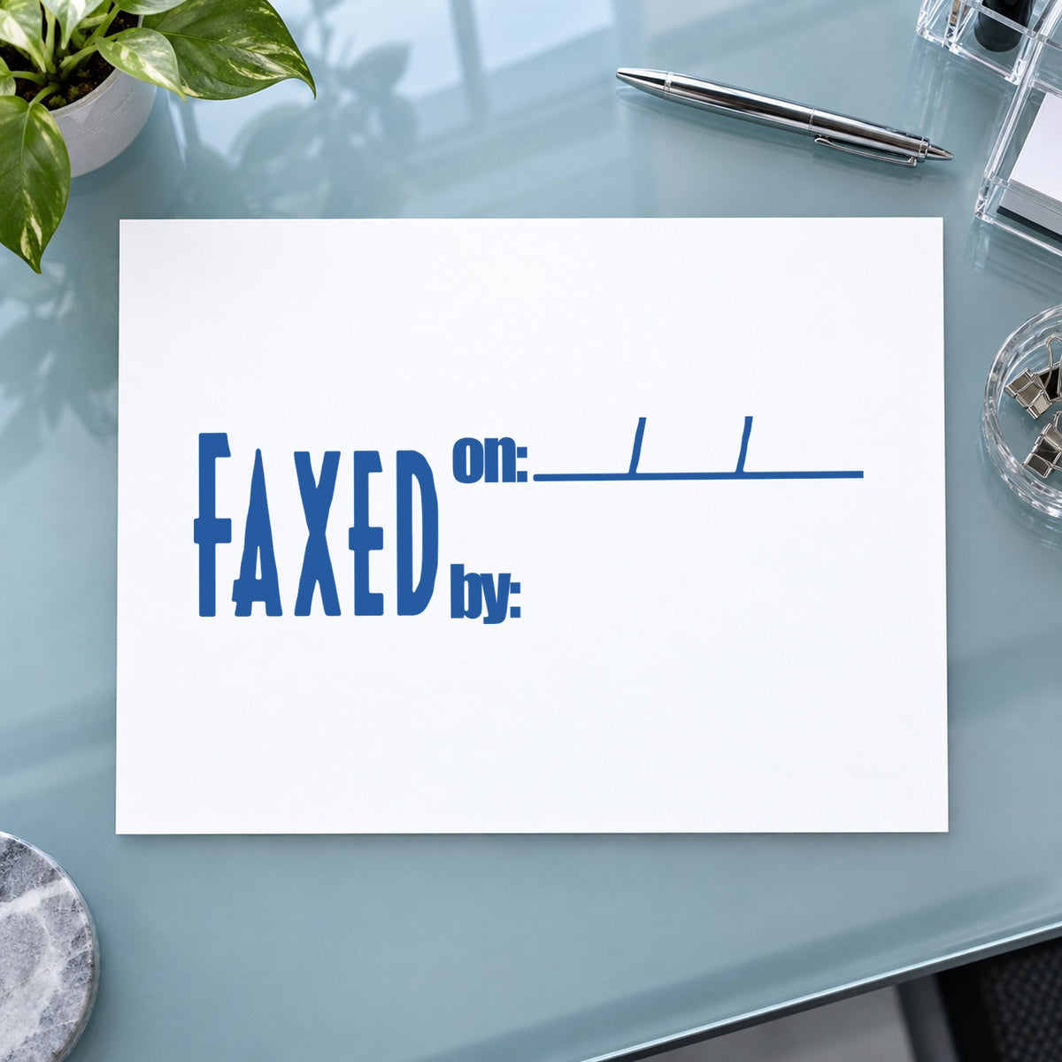 "Faxed on: by:" impression shown close up, rectangular imprint at 1/2 x 1-5/8 in