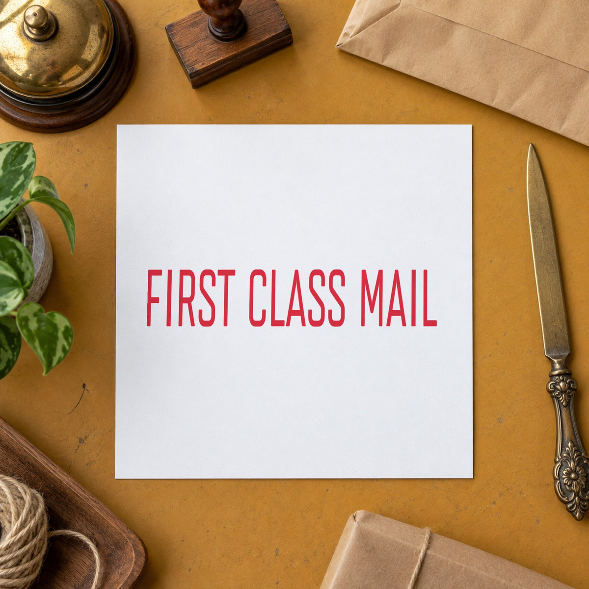 "First class mail" impression shown close up, rectangular imprint at 1/2 x 1-5/8 in