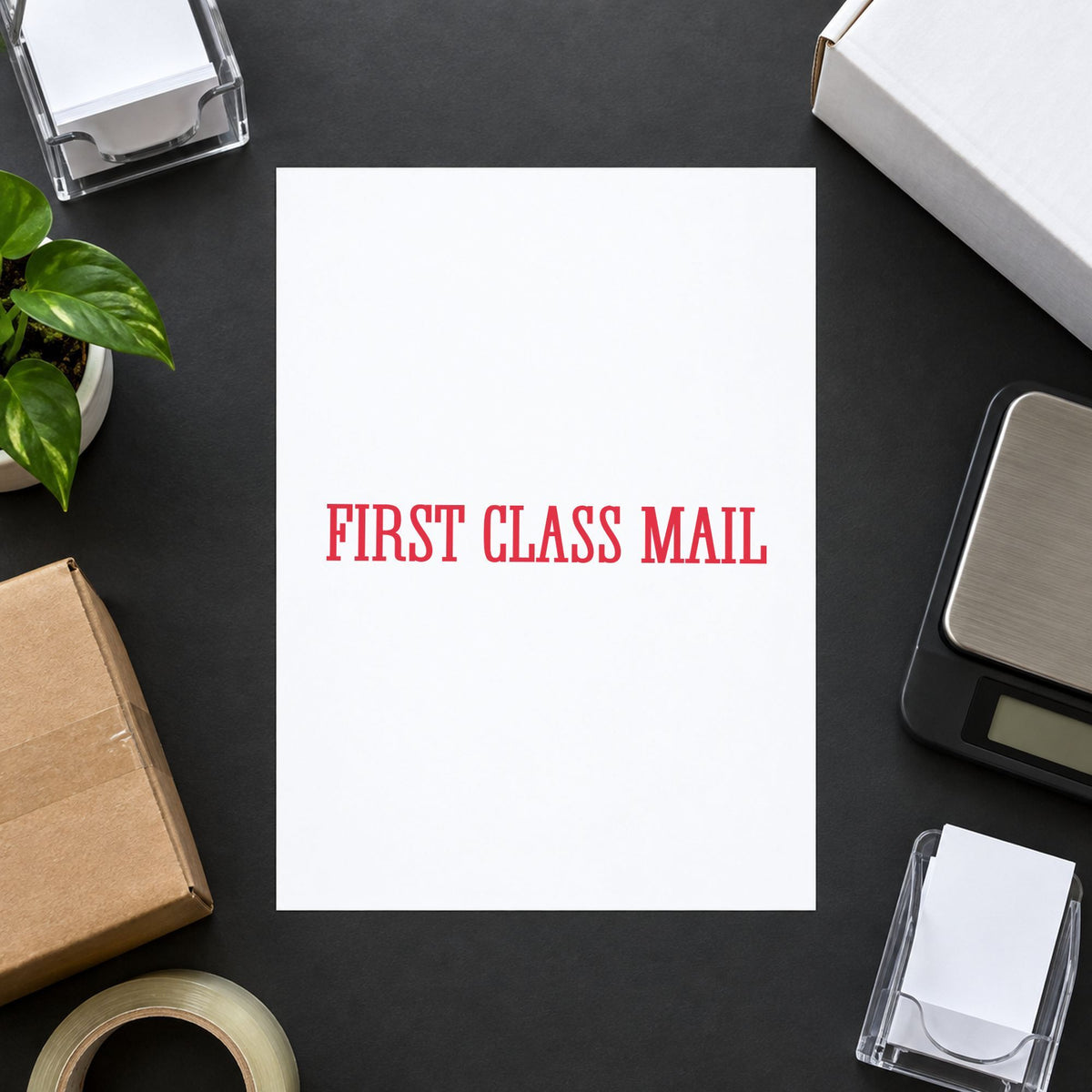 "First class mail" impression shown close up, rectangular imprint at 1-5/8 x 1/2 in