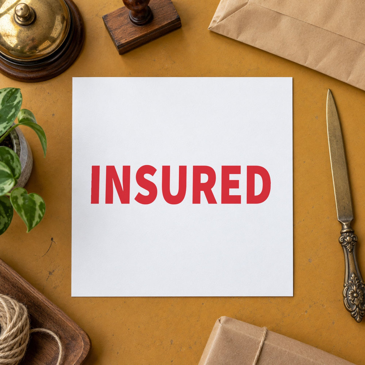 "Insured" imprint from fixed stock wording, no customization needed