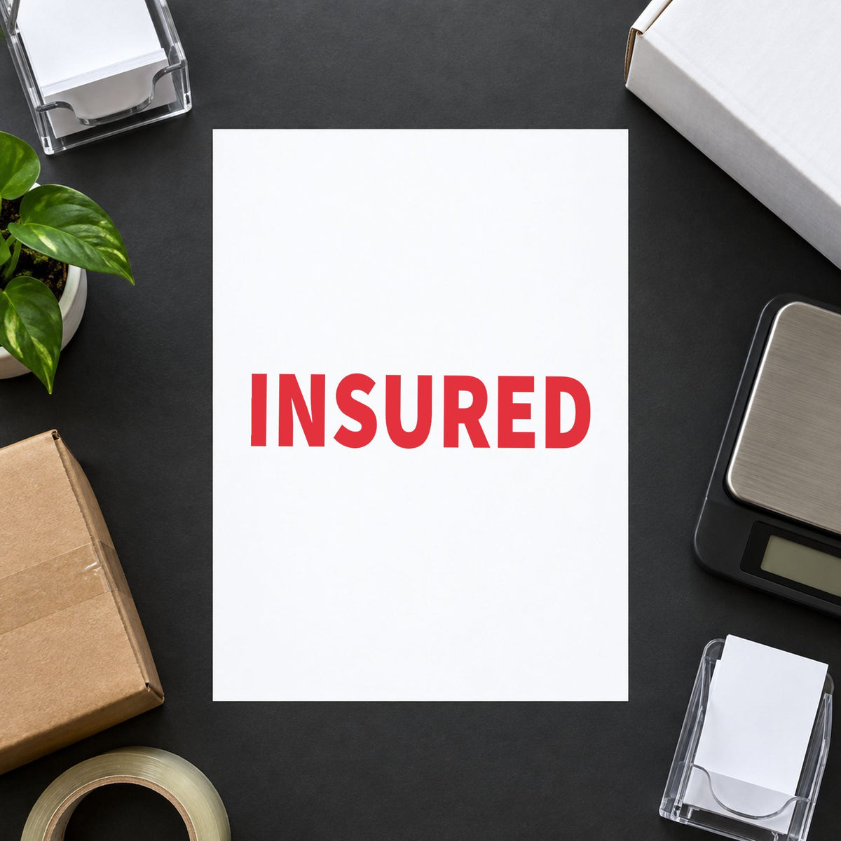 "Insured" imprint at 1/2 x 1-5/8 in, no separate ink pad required