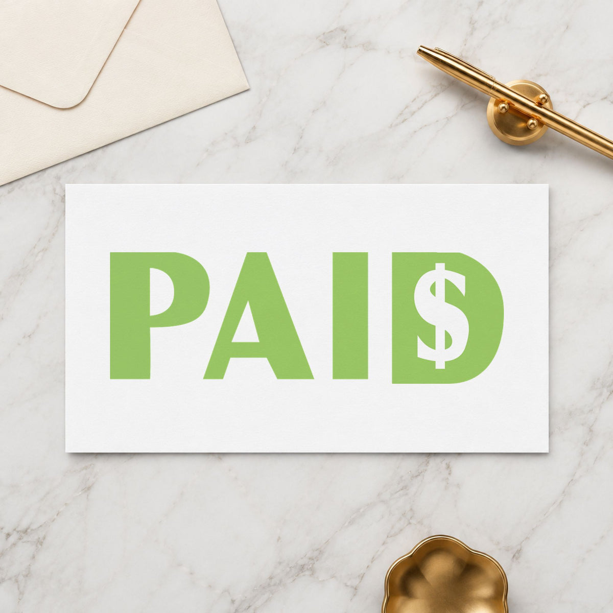 Green Paid Accounting Stamp leaving a clean "Paid" impression