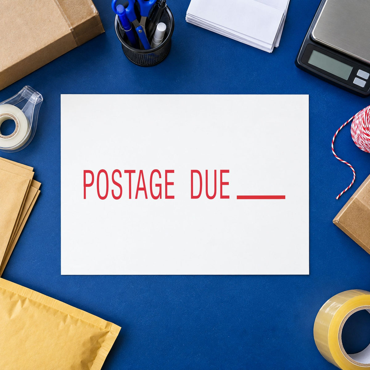 "Postage due" imprint stamped on a document with the Postage Due Envelope Stamp