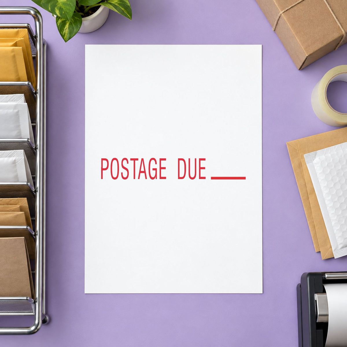 "Postage due" imprint from fixed stock wording, no customization needed