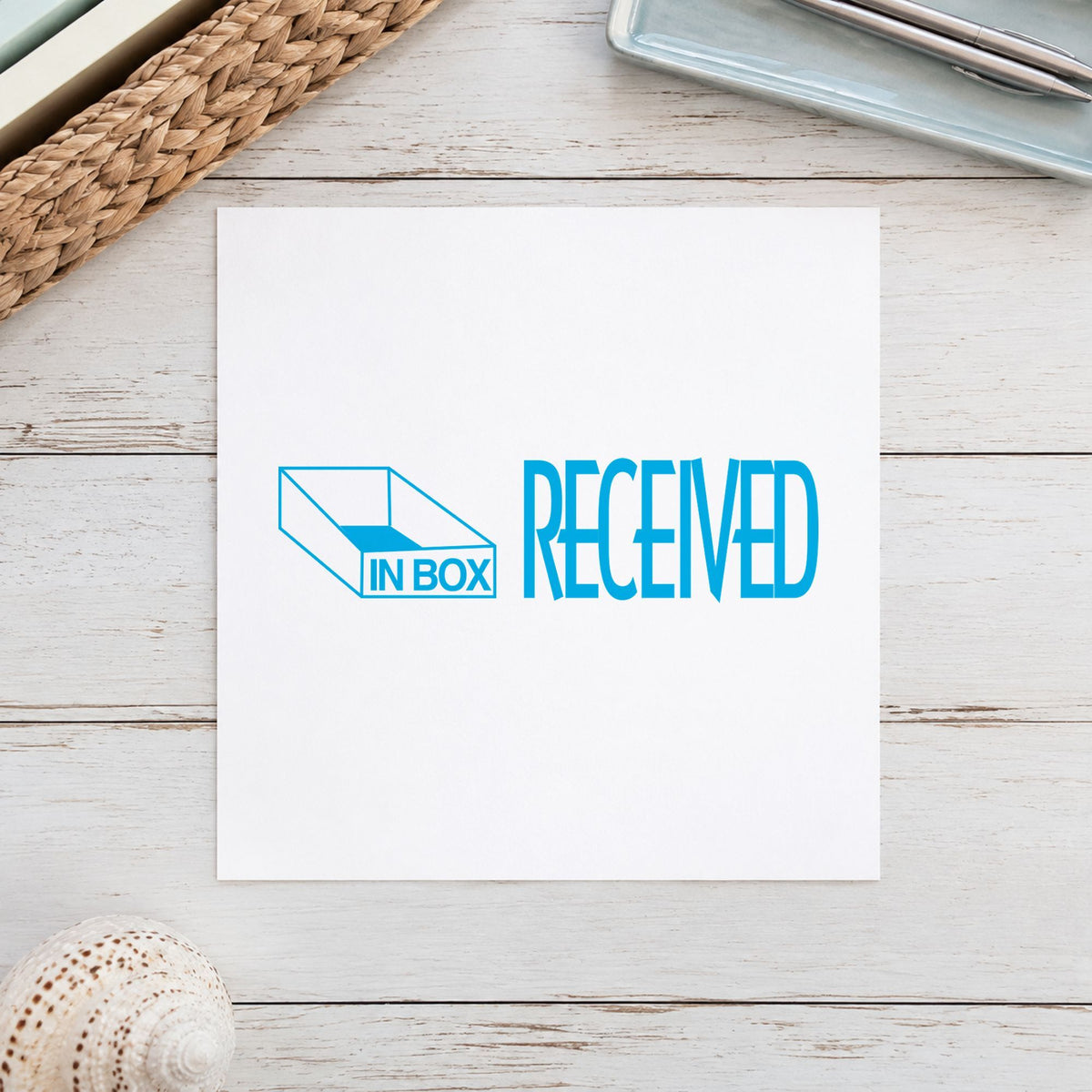 "Received" imprint at 1-5/8 x 1/2 in, no separate ink pad required