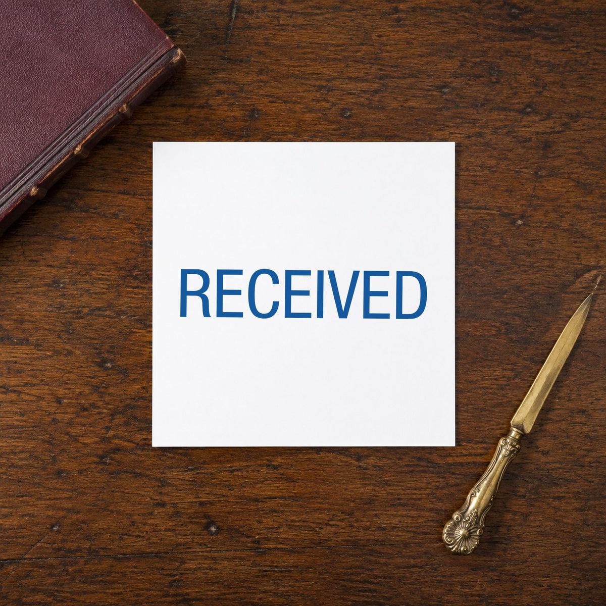 "Received" imprint stamped on a document with the Dark Blue Received Document Stamp