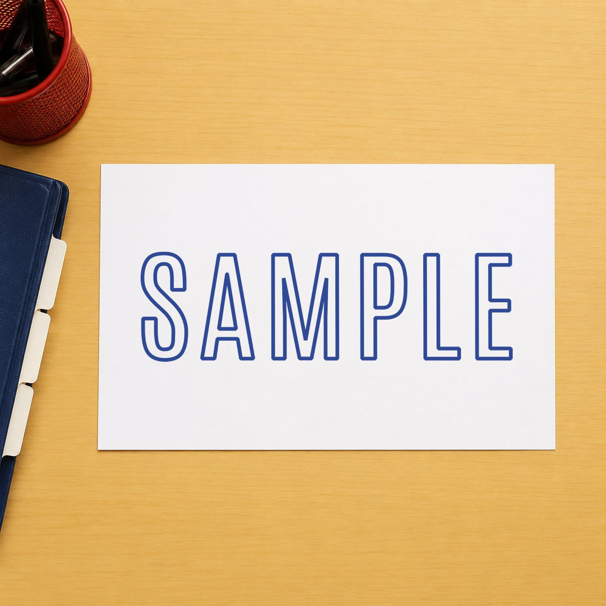 "Sample" impression shown close up, rectangular imprint at 1/2 x 1-5/8 in
