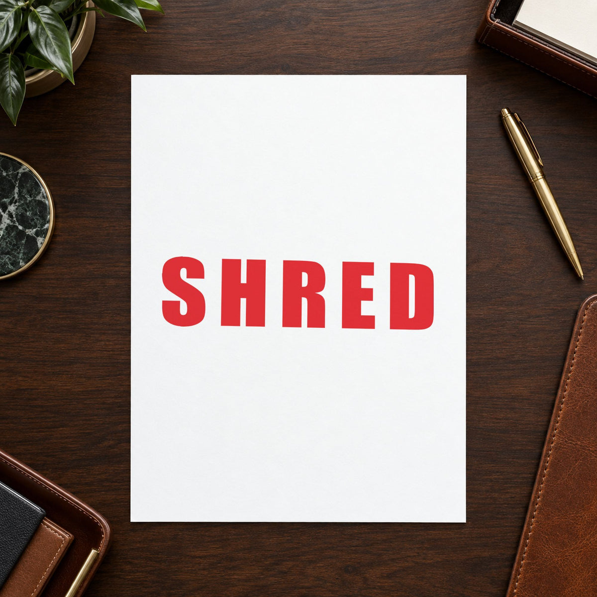 "Shred" imprint stamped on a document with the Shred Stamp