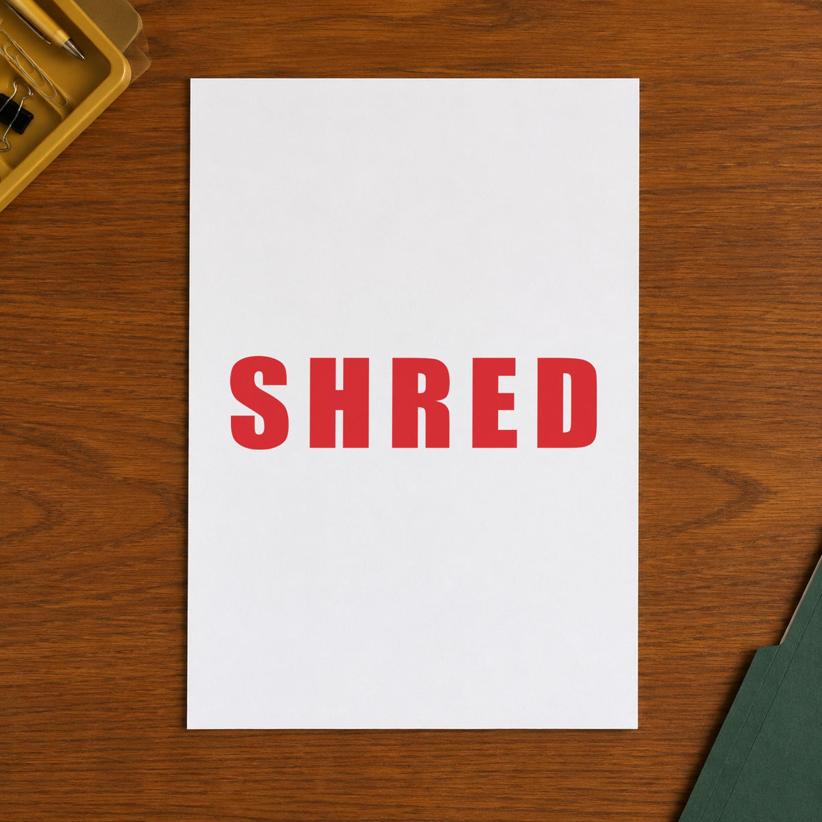 "Shred" imprint from fixed stock wording, no customization needed