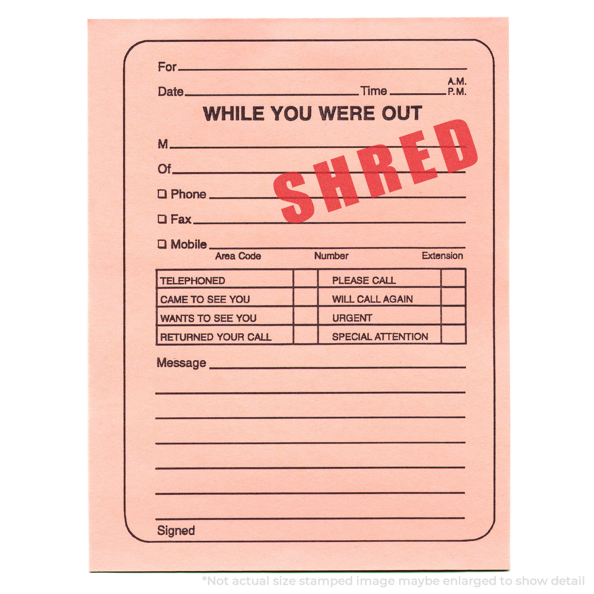 "Shred" mark stamped for document handling, Xstamper 1365 stamp