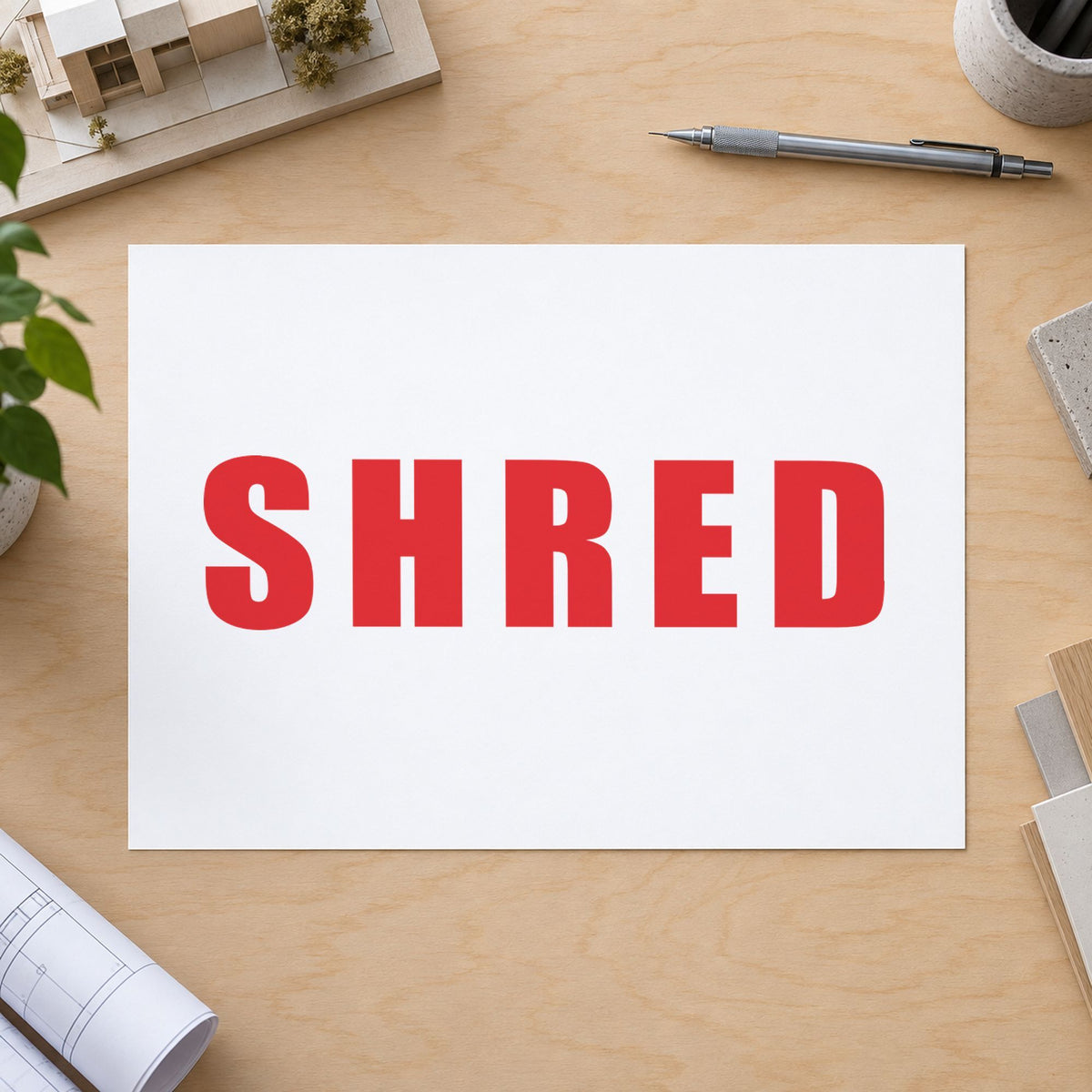 "Shred" stamp impression made with pre-inked Xstamper 1365