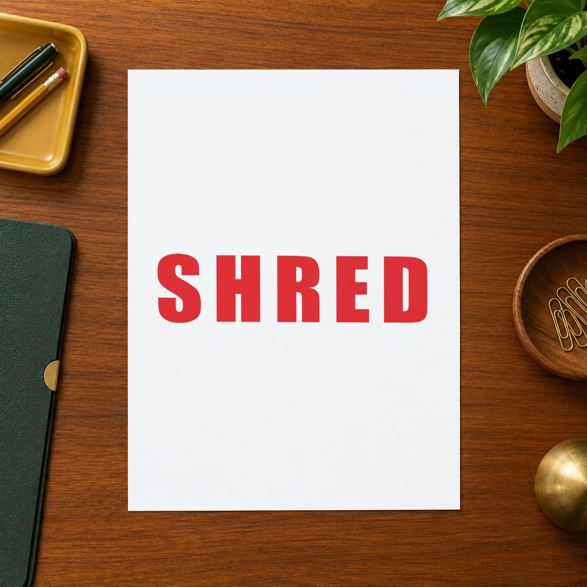 "Shred" mark added to paperwork with a pre-inked Xstamper stamp