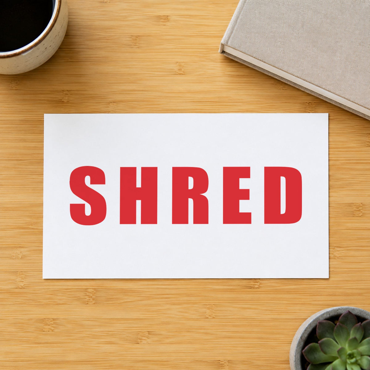 "Shred" imprint at 1-5/8 x 1/2 in, no separate ink pad required