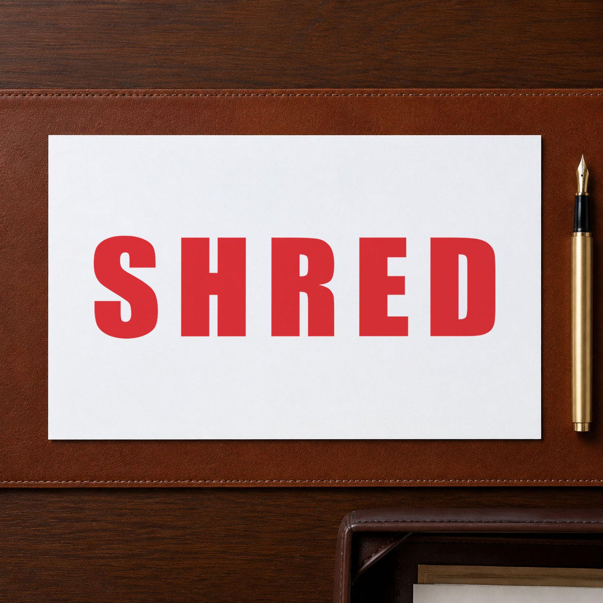 "Shred" impression shown close up, rectangular imprint at 1-5/8 x 1/2 in
