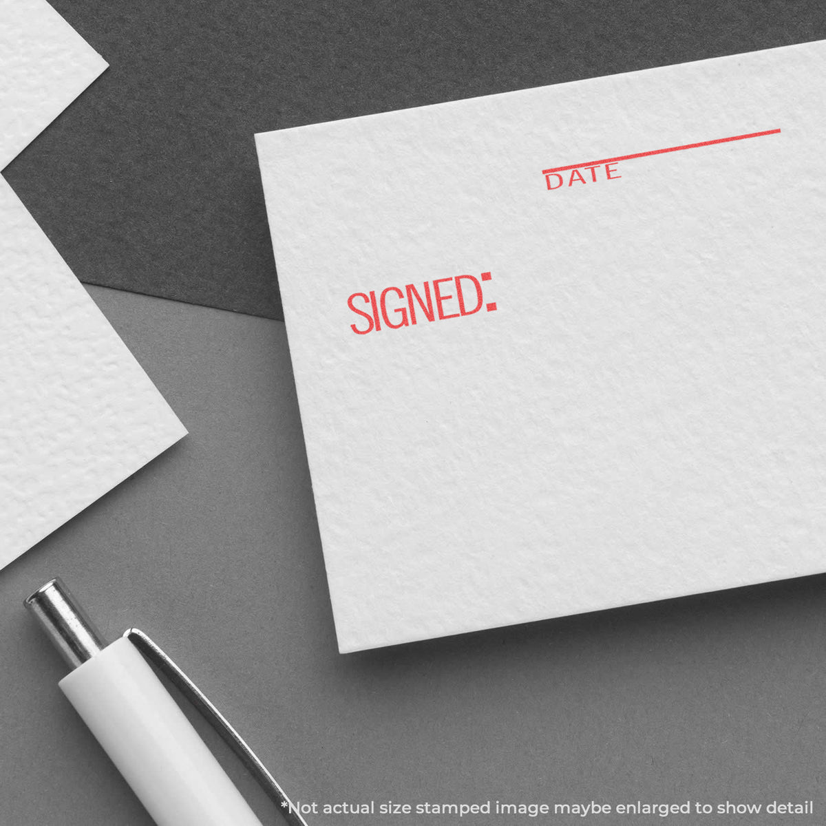 "Signed: date" imprint used to flag items for handling, Signed: Date Text Stamp