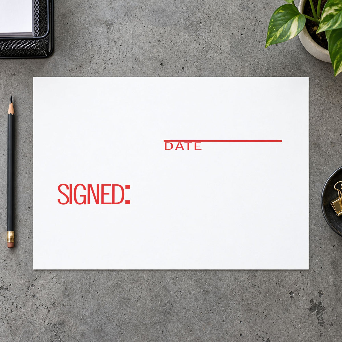 "Signed: date" impression shown close up, rectangular imprint at 1/2 x 1-5/8 in