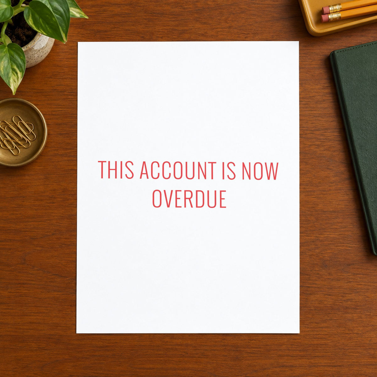 "This account is now overdue" imprint at 1/2 x 1-5/8 in, no separate ink pad required