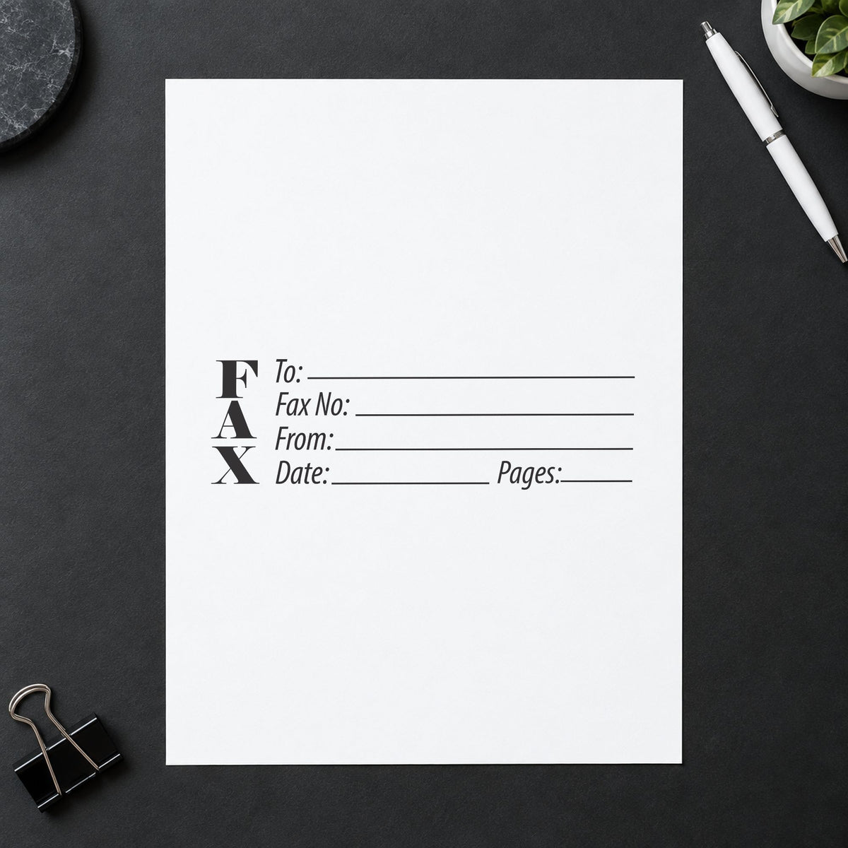 Fax Stamp – Jumbo Pre-Inked Xstamper leaving a clean "Fax stamp" impression
