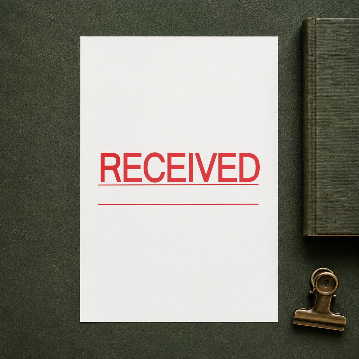 Crisp "Received" imprint produced by the Received Stamp For Document Intake – Jumbo Bold Red Pre-Inked Xstamper