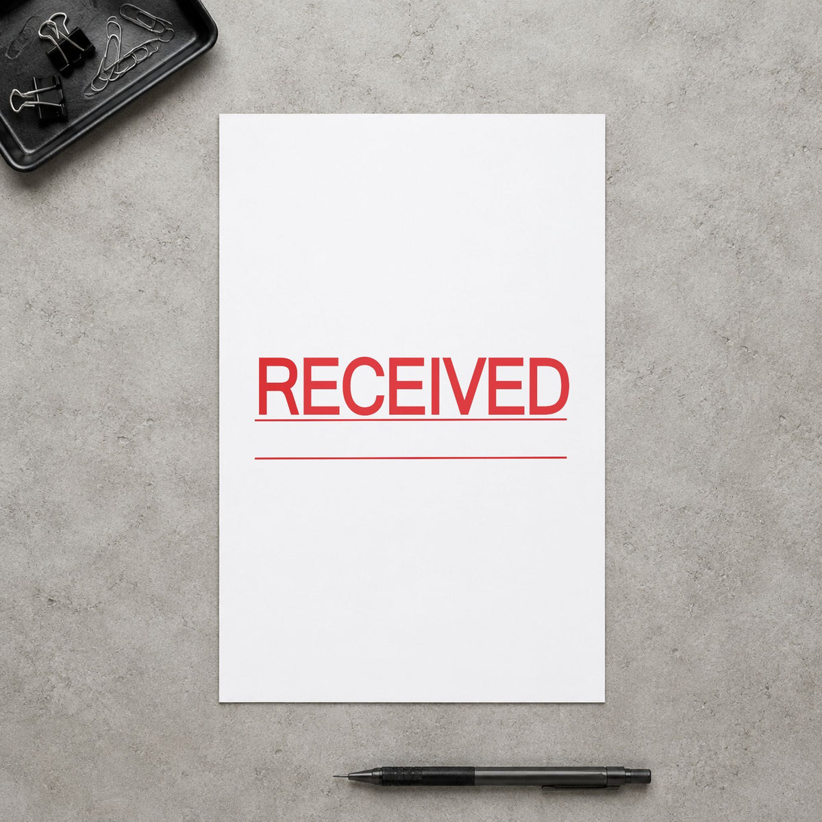"Received" imprint at 2-3/4 x 7/8 in, no separate ink pad required