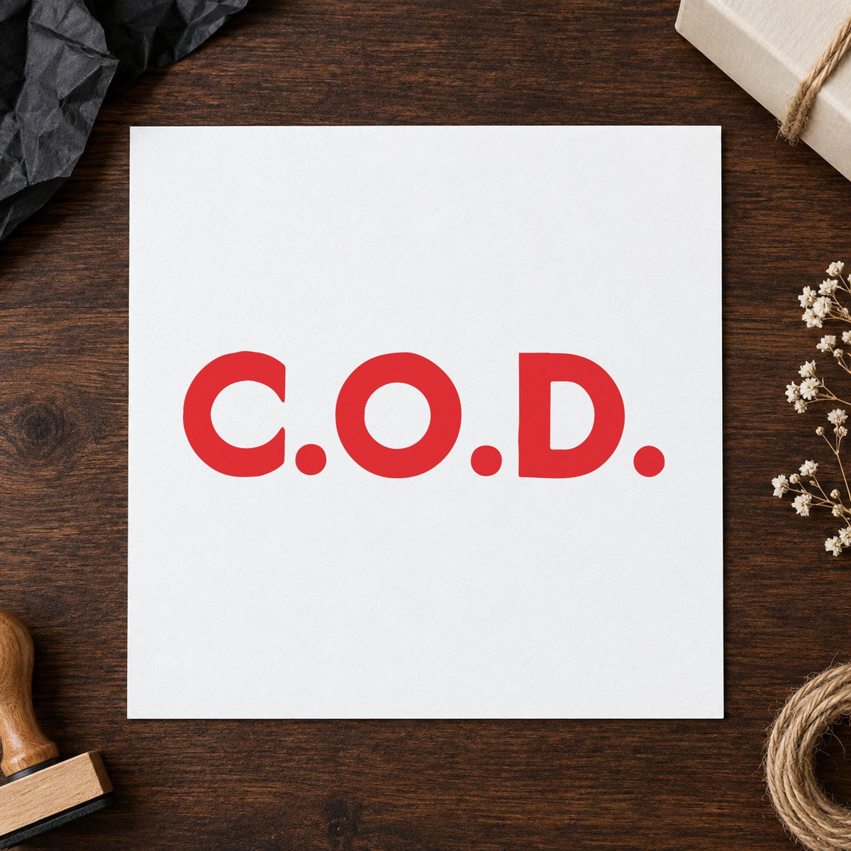 "C.O.D." impression shown close up, rectangular imprint at 7/8 x 2-3/4 in
