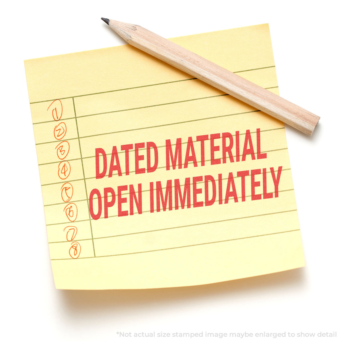 "Dated material open immediately" stamp impression on light paper stock, Jumbo Dated Material Open Immediately Mailing Stamp