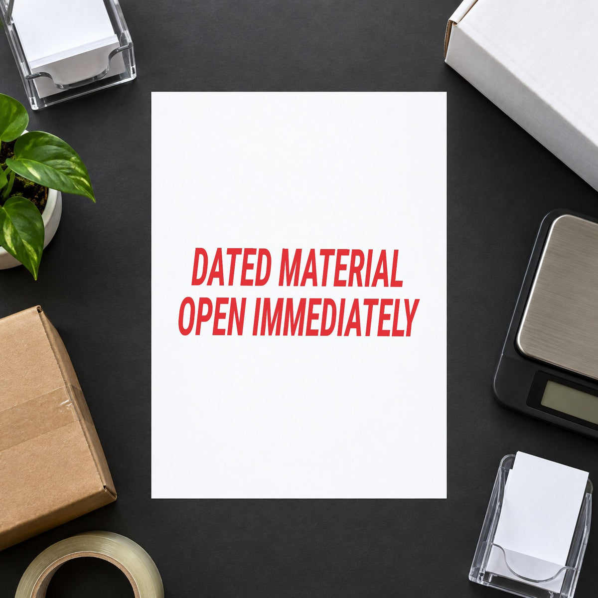 "Dated material open immediately" stamp impression made with pre-inked Xstamper 3247
